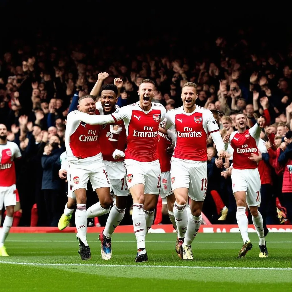 Các cầu thủ Arsenal đang mừng bàn thắng