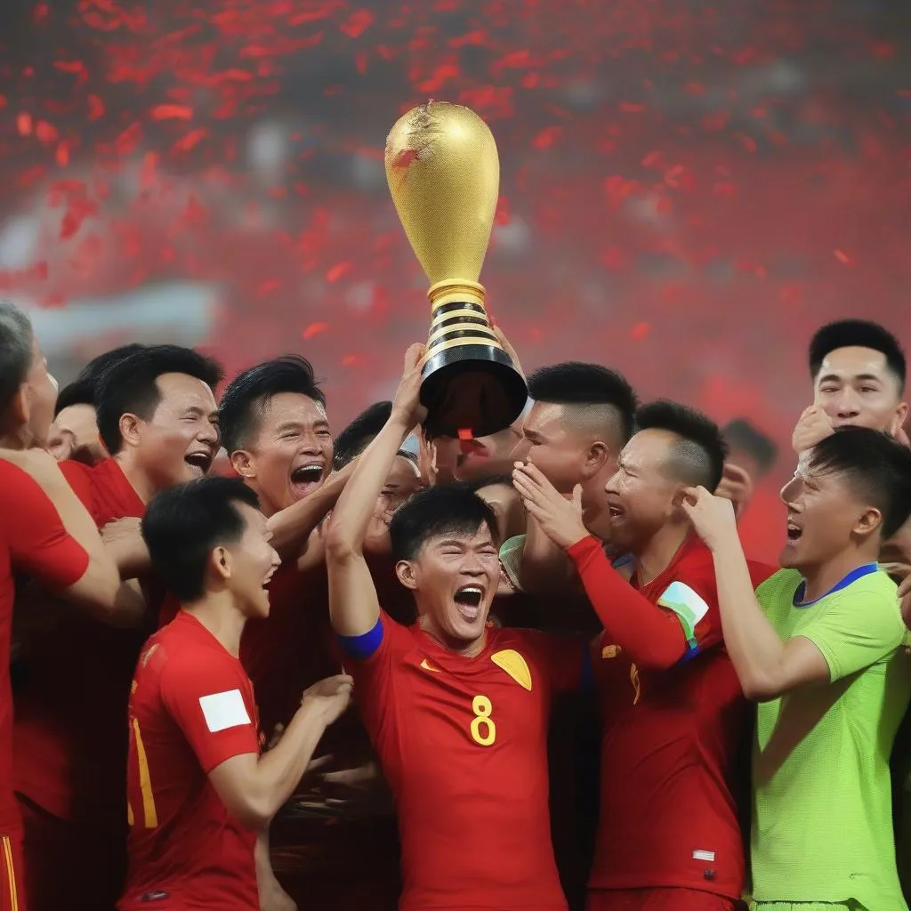 Hình ảnh đội tuyển Việt Nam nâng cao chiếc cúp AFF Cup 2018