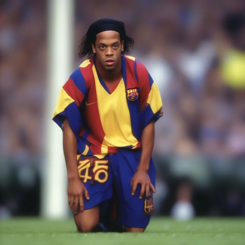 Ronaldinho mặc áo đấu Barcelona 2001 trong trận đấu