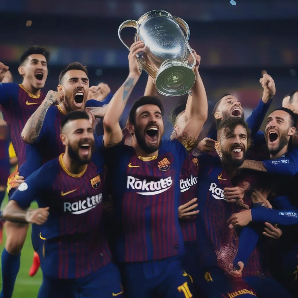 Hình ảnh các cầu thủ Barcelona ăn mừng chức vô địch La Liga mùa giải 2023