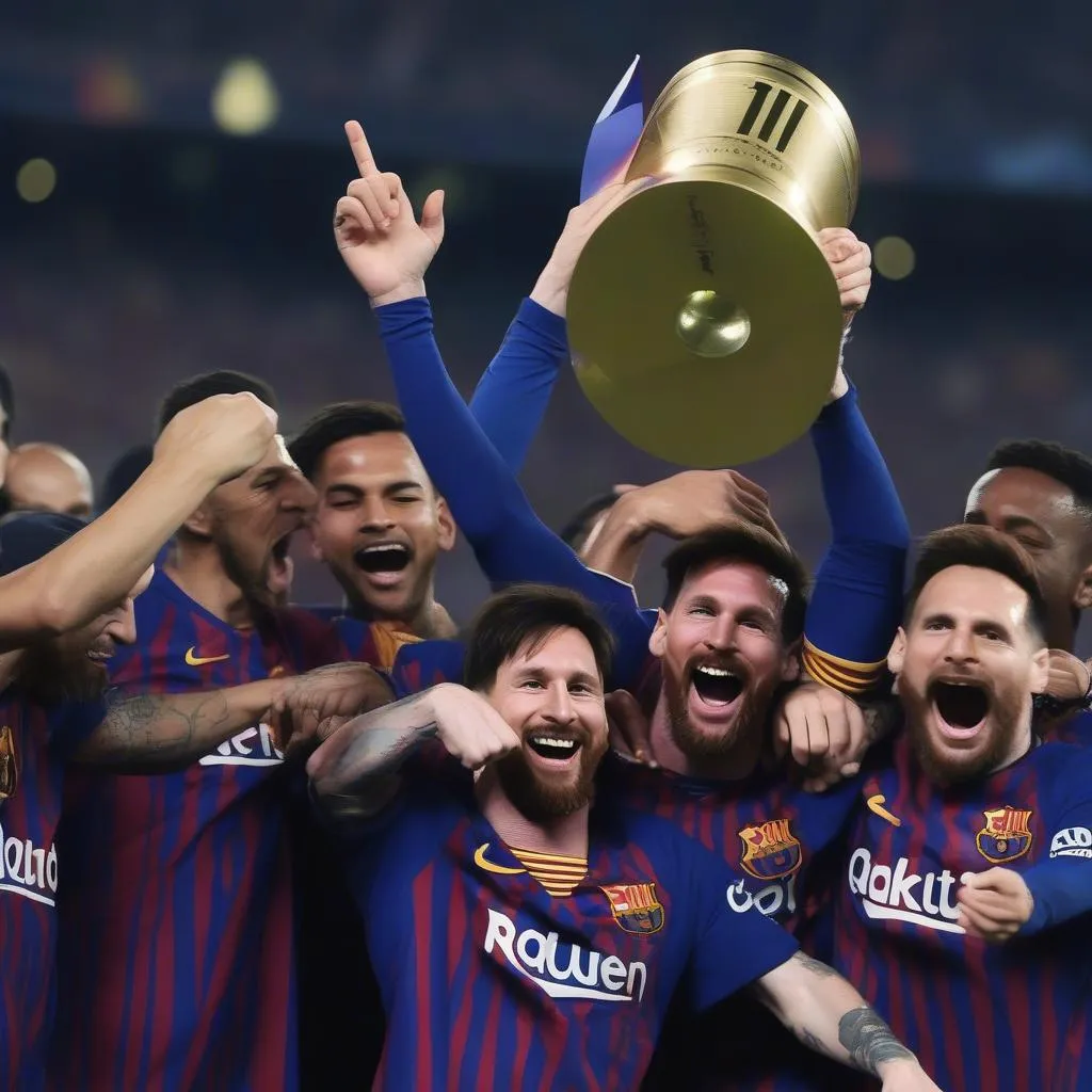 Hình ảnh Lionel Messi ăn mừng cùng các đồng đội sau khi Barcelona vô địch Champions League