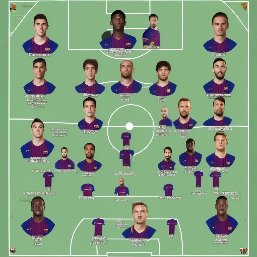 Barcelona's starting lineup for the match against Malaga on November 19, 2016.  A photo of the Barcelona team lineup, showing the names and numbers of the players, and the formation used in the match.