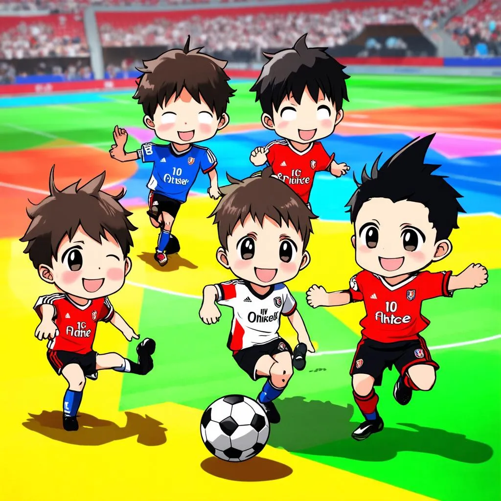 Chibi characters playing soccer