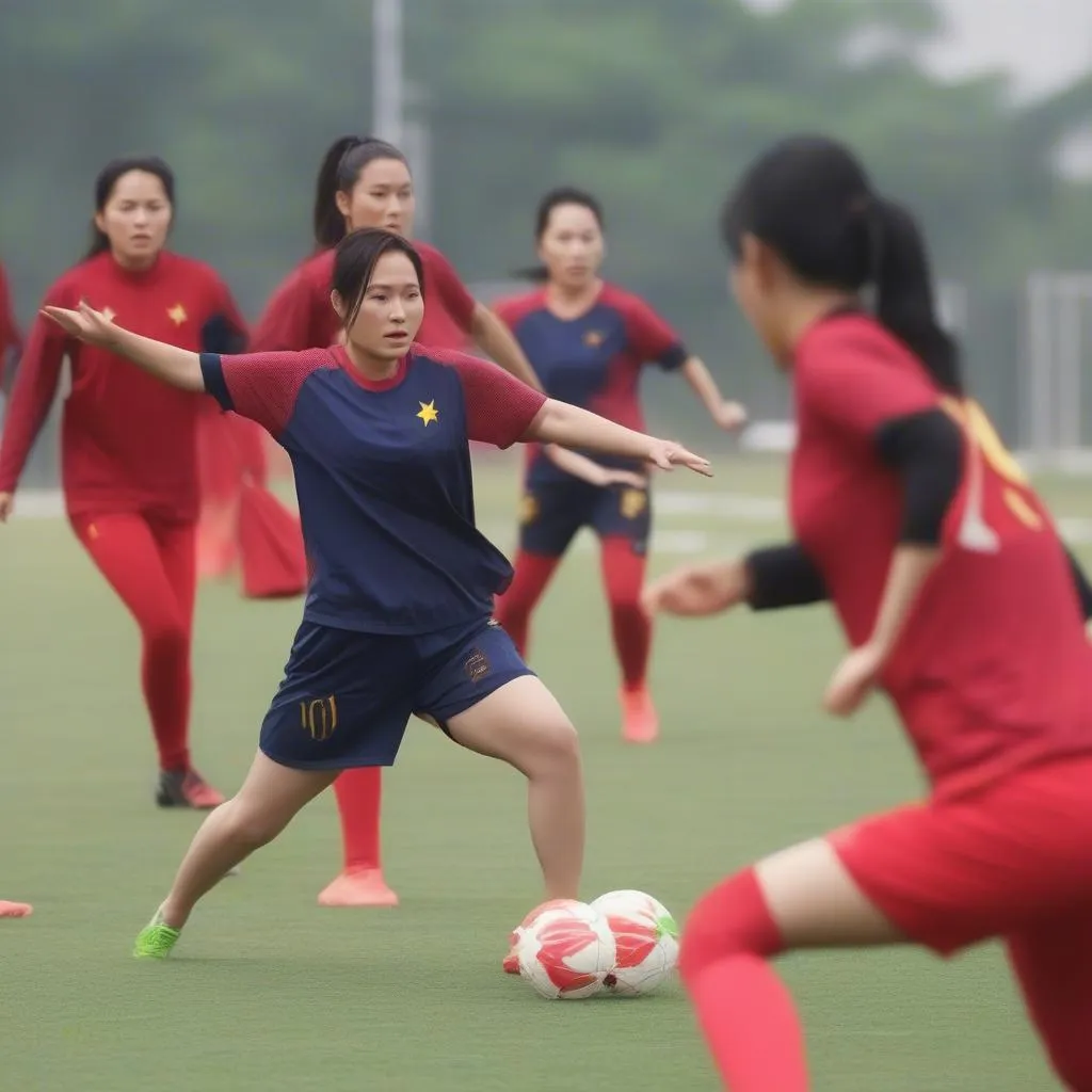 Hình ảnh các cầu thủ bóng đá nữ Olympic Việt Nam luyện tập thể lực với huấn luyện viên