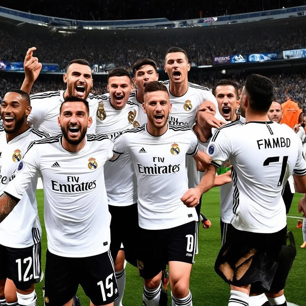 Các cầu thủ Real Madrid ăn mừng chiến thắng