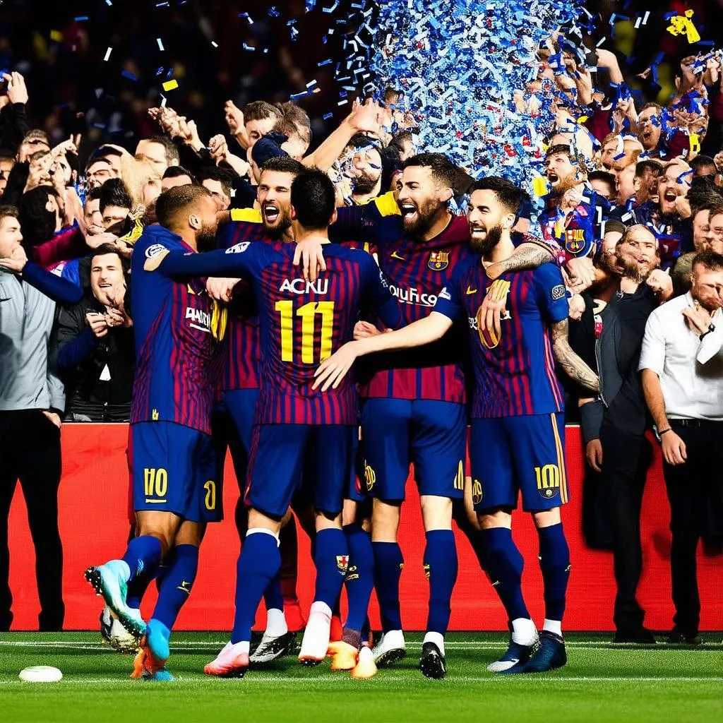 Cầu thủ Barca ăn mừng bàn thắng