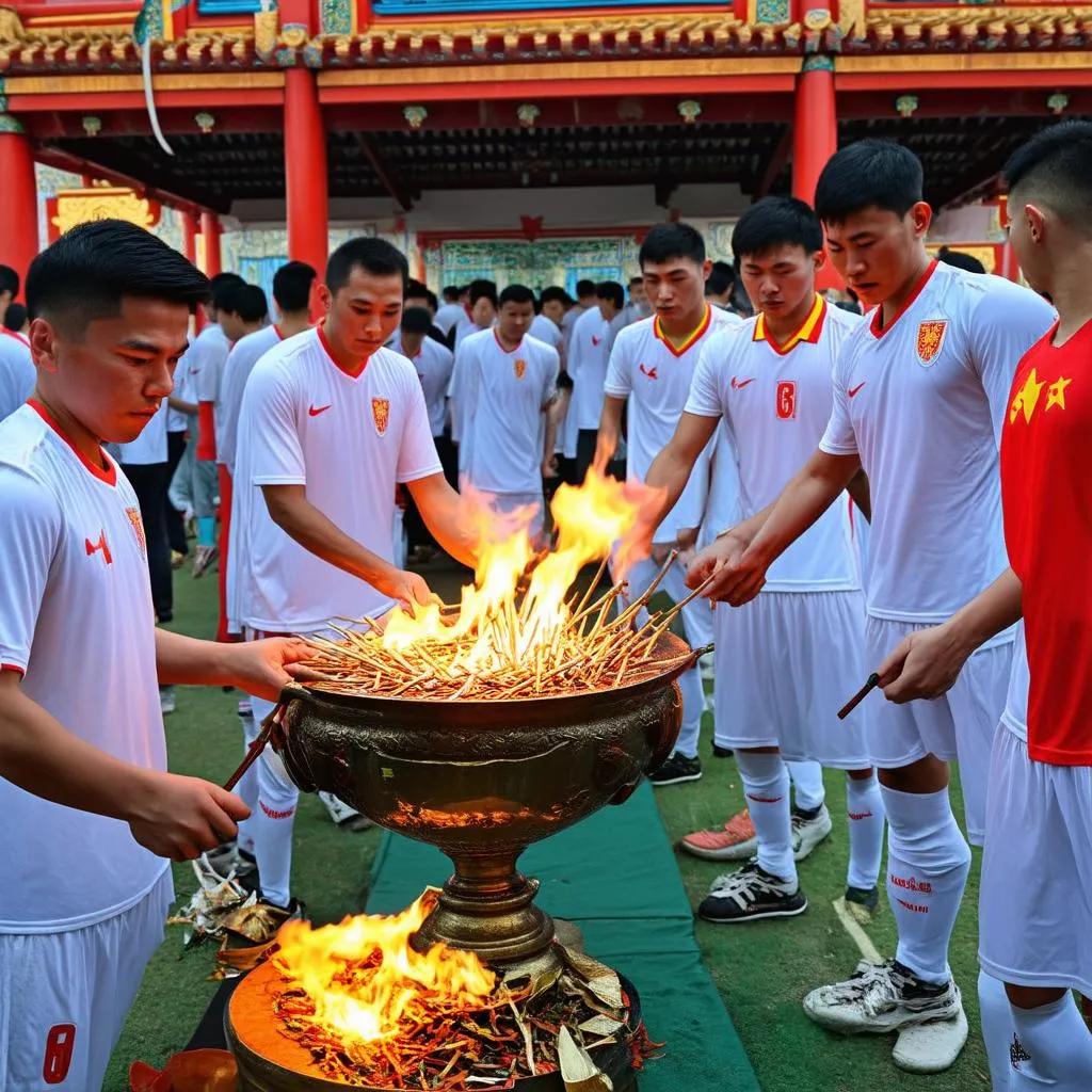 Cầu thủ Ninh Bình thắp nhang tại đền thờ