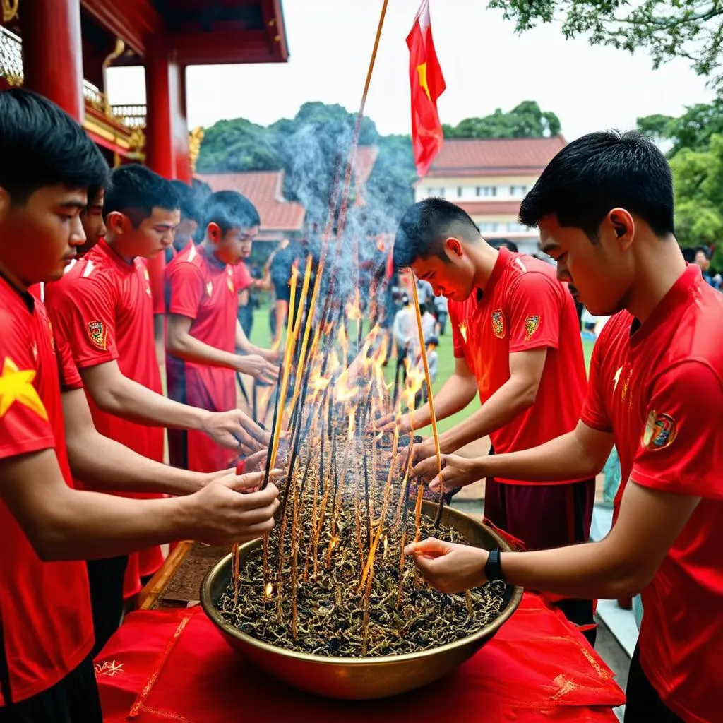 Cầu thủ Việt Nam thắp hương cầu may