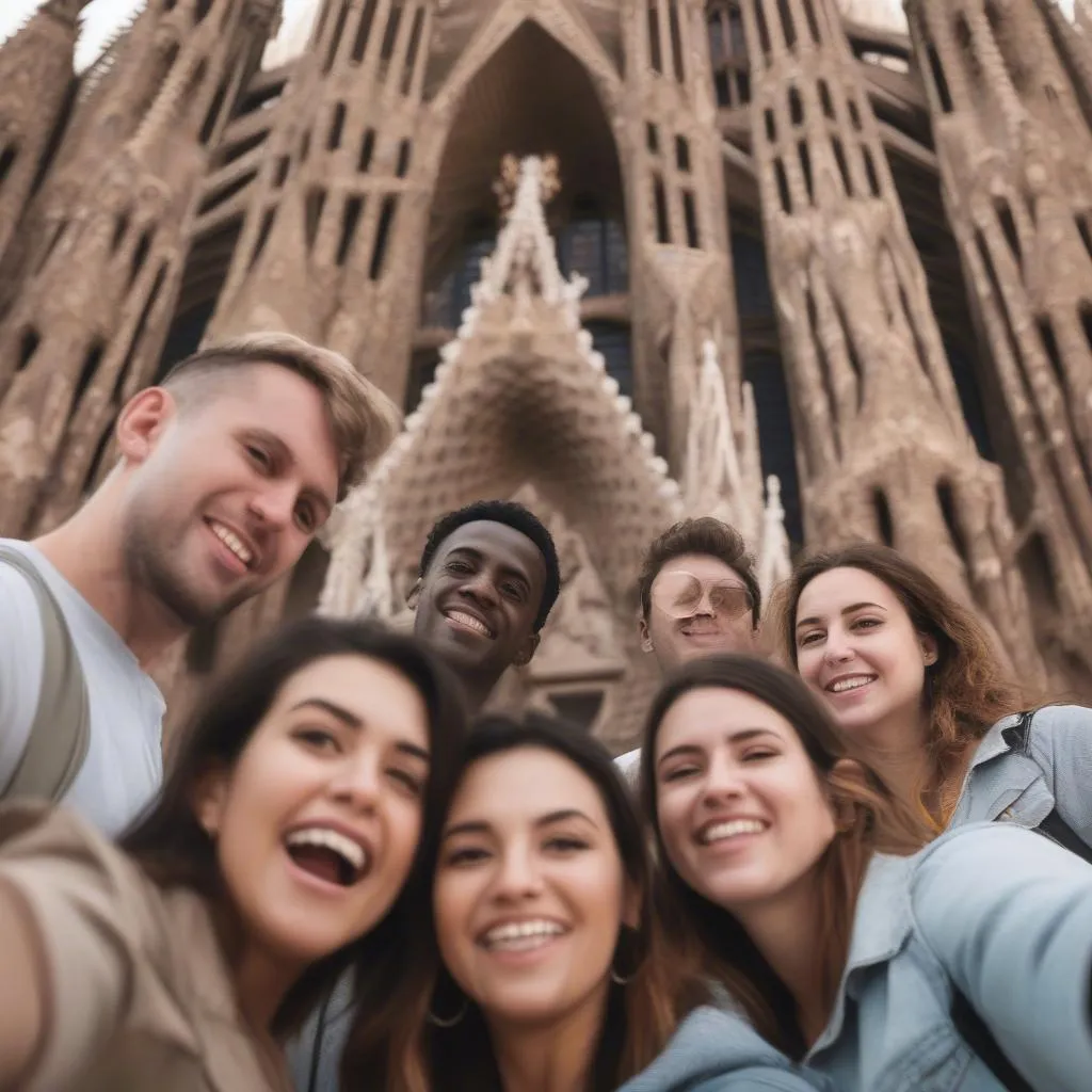 Nhóm bạn thân chụp ảnh kỷ niệm trước Sagrada Família