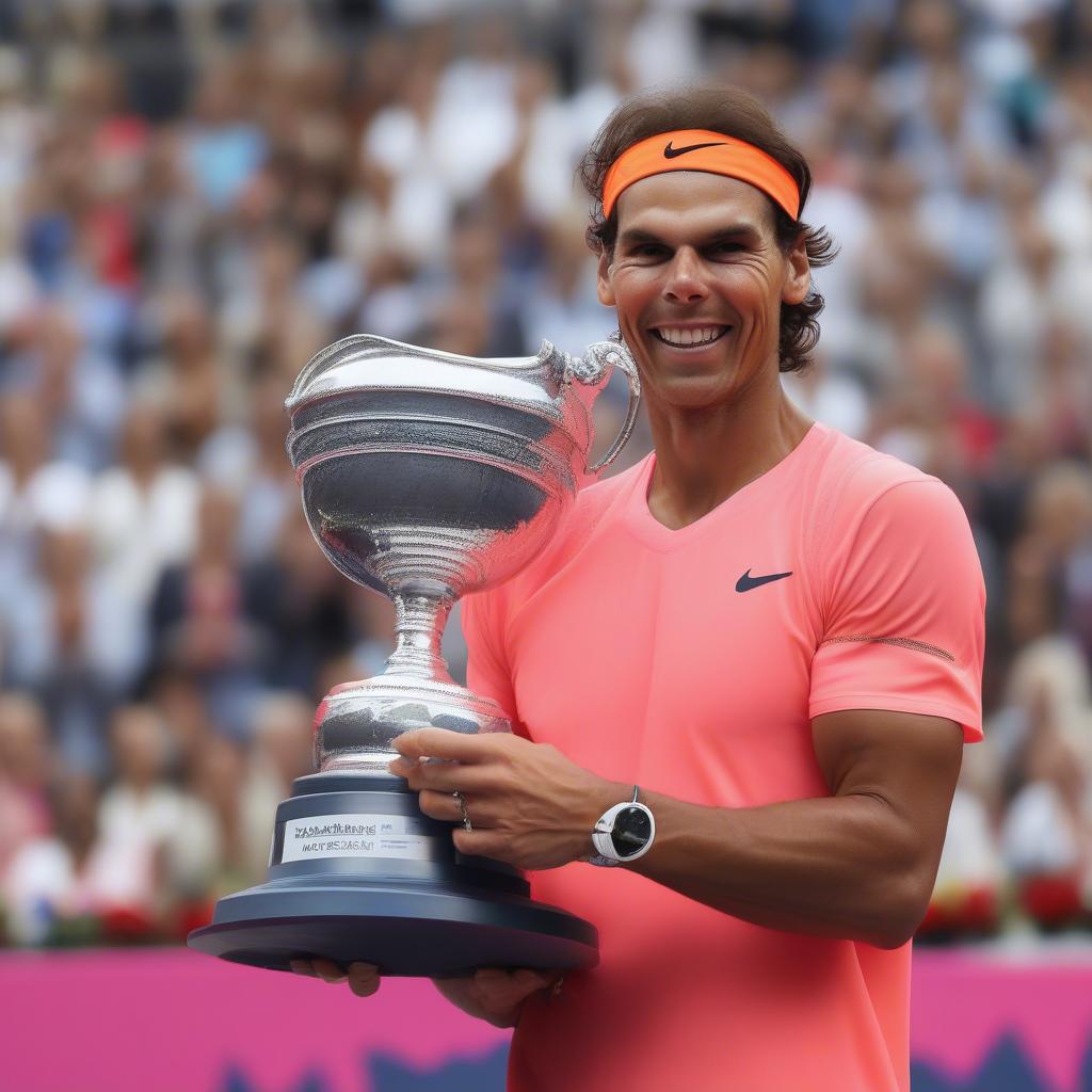 Rafael Nadal hebt die Trophäe bei den Barcelona Open 2018.