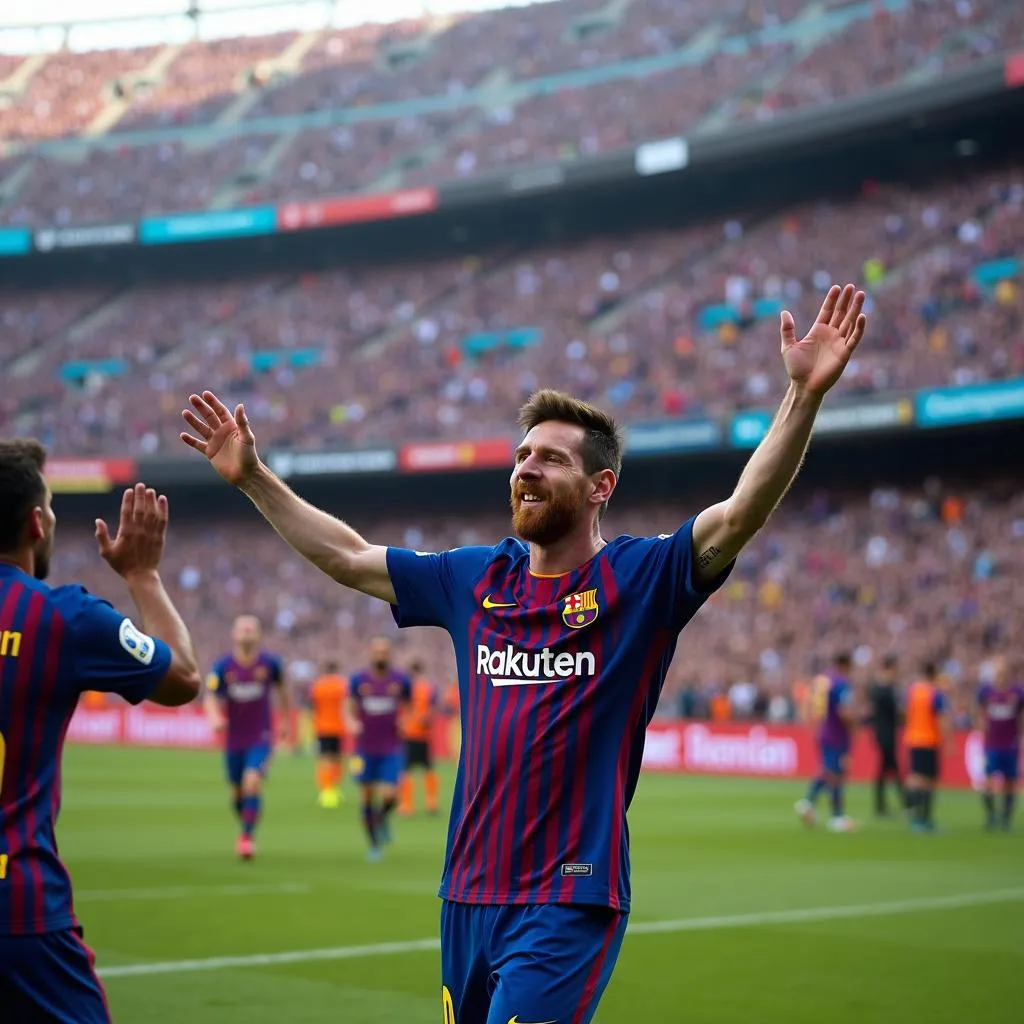 Messi celebrating a goal with his Barcelona teammates