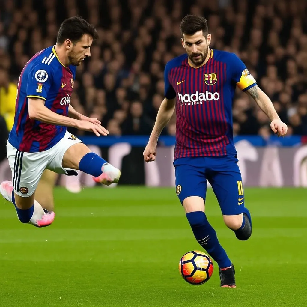 Messi đi bóng qua cầu thủ đối phương