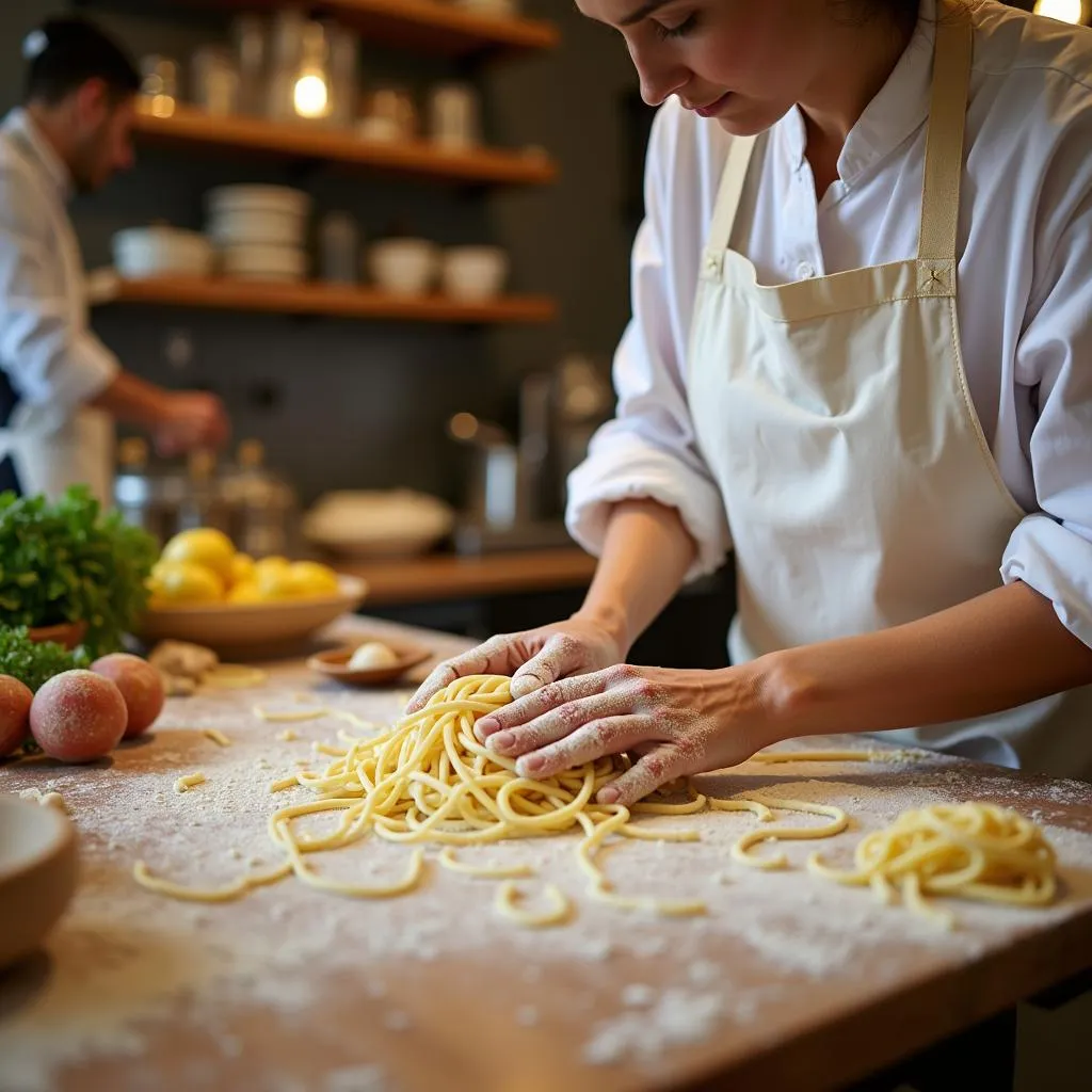 Nữ đầu bếp nhào bột pasta fresca sin gluten tại Barcelona