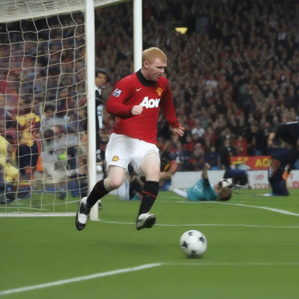 Paul Scholes celebrates his goal against Barcelona in the 2008 Champions League quarter-final