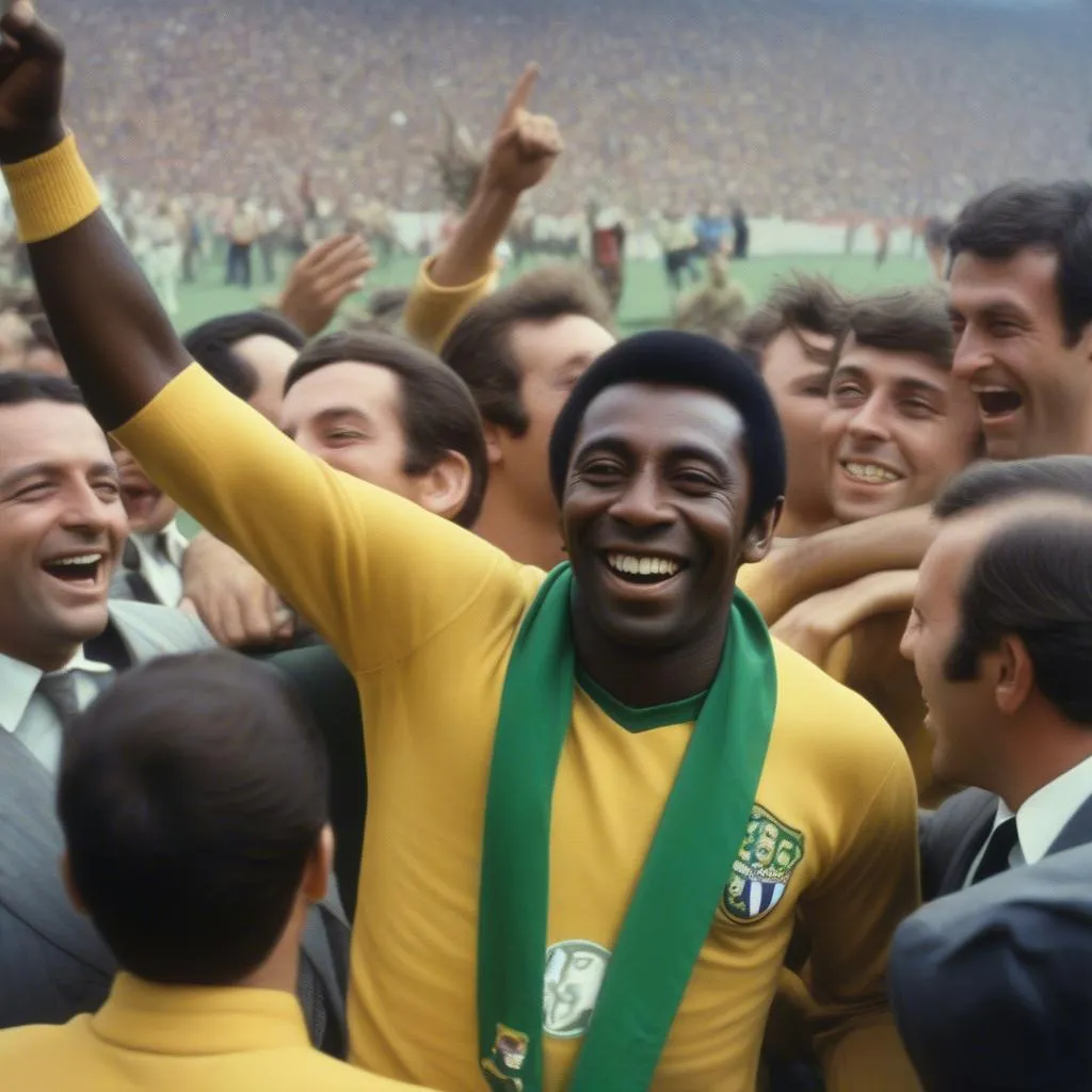 Pelé celebrate with Brazil team after winning the 1970 World Cup