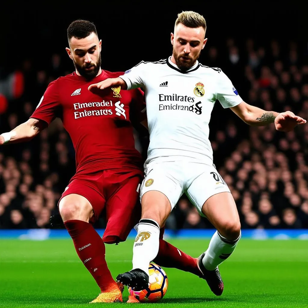 Hai cầu thủ của Real Madrid và Liverpool tranh chấp bóng