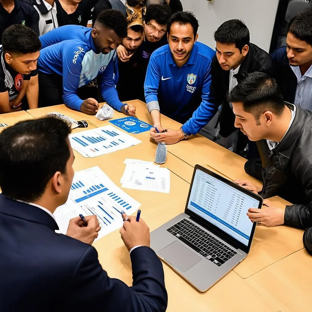 A group of people analyzing Asian Handicap odds and discussing football betting strategies.