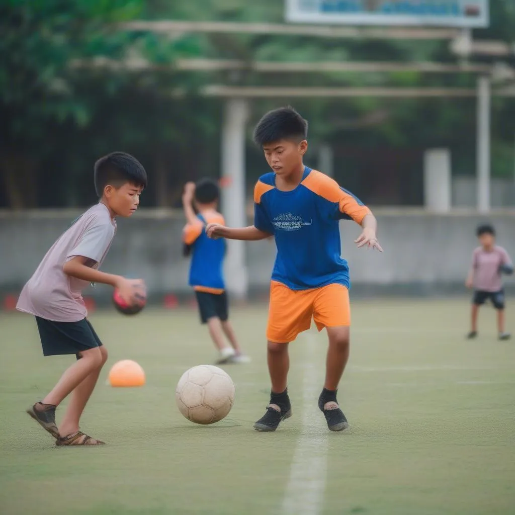 Học viên nhí tập luyện kỹ năng sút bóng