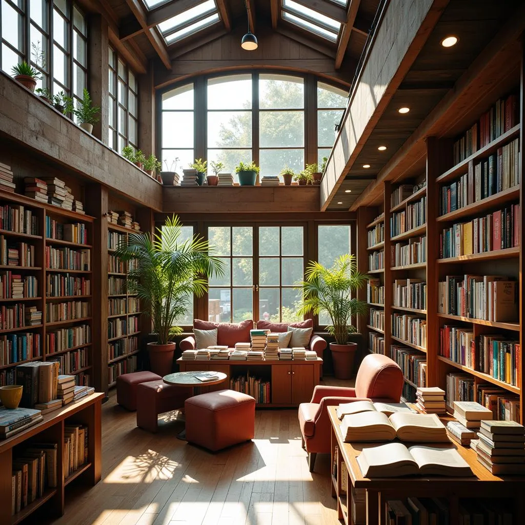 A view of the interior of Abacus Barcelona, showcasing the extensive collection of books and warm, inviting atmosphere.