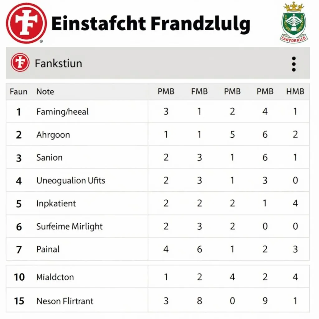 Bảng xếp hạng Bundesliga với Eintracht Frankfurt ở vị trí nổi bật