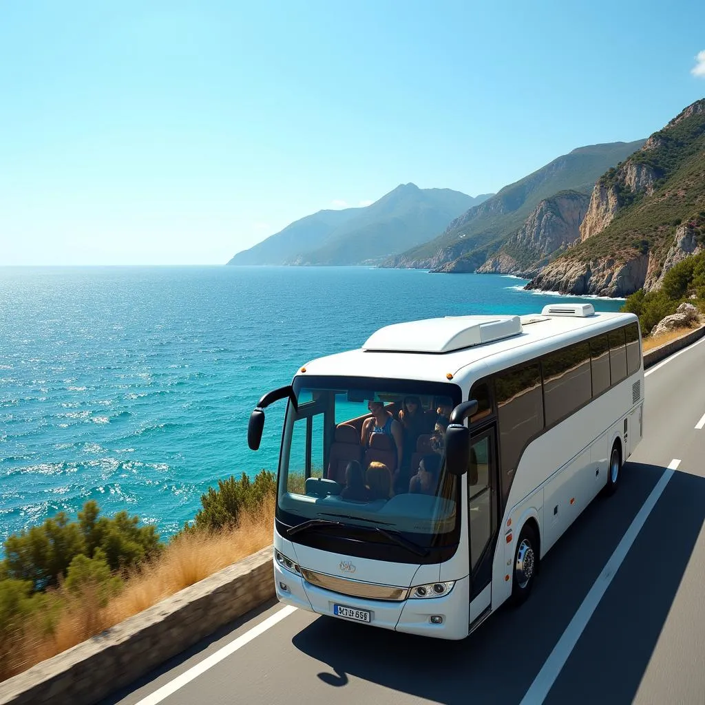 Comfortable bus traveling along a scenic coastal road from Barcelona to Alicante