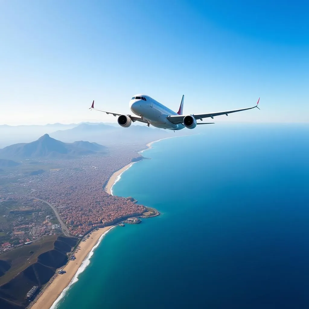 Airplane soaring over the coastline, connecting Barcelona and Alicante