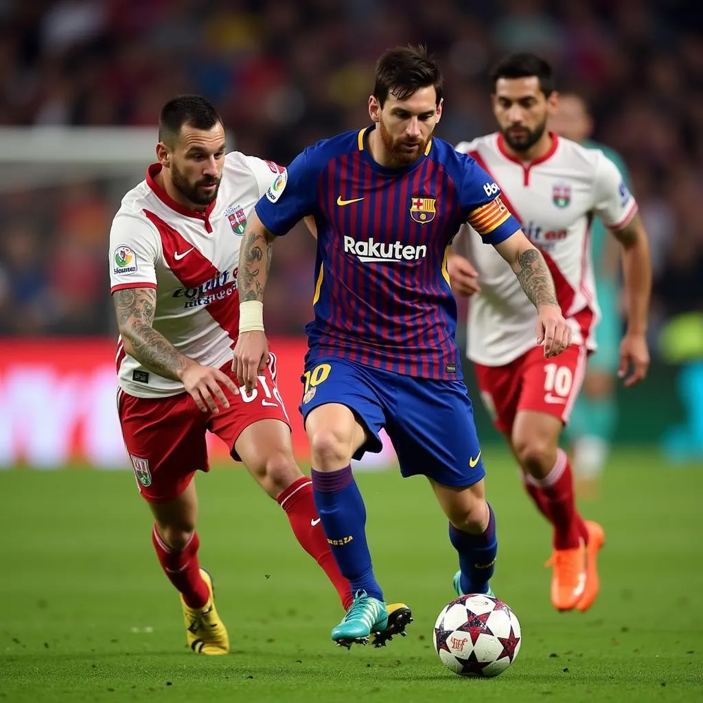 Messi dribbling past Celta Vigo defenders