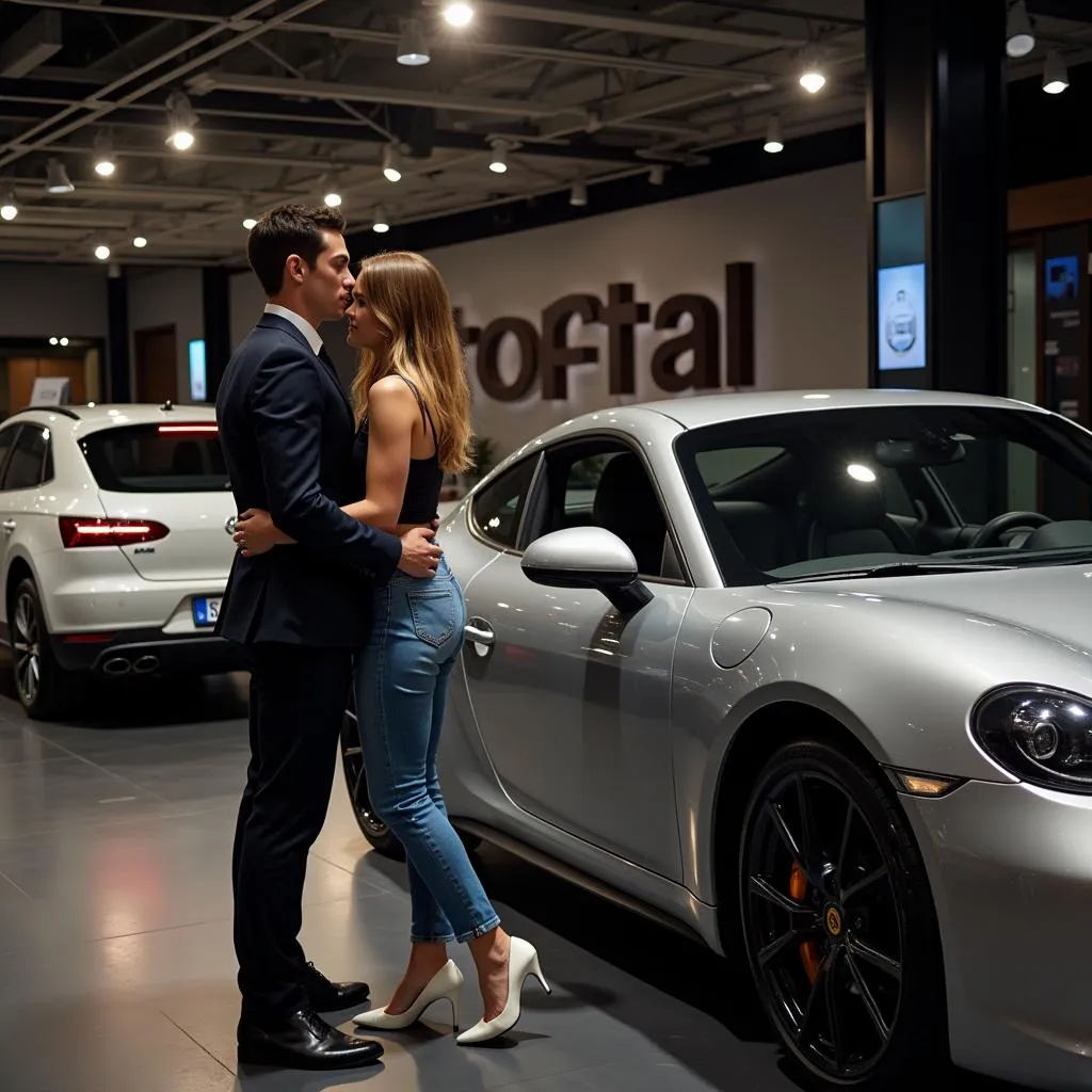 Couple examining a luxury sports car rental in Barcelona