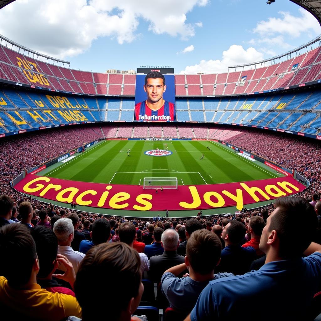 Barcelona fans holding up a tribute banner for Johan Cruyff