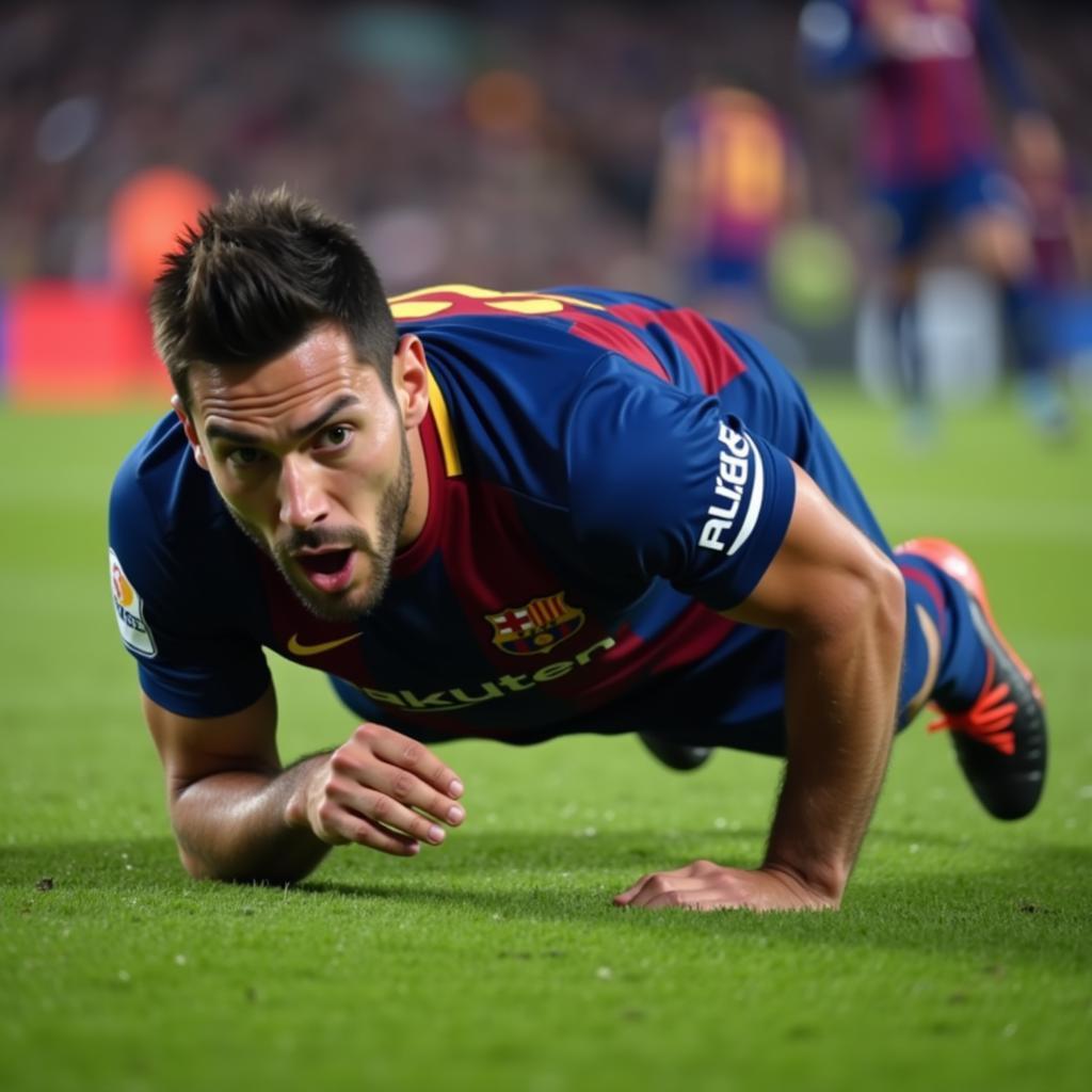 Barcelona player diving on the field