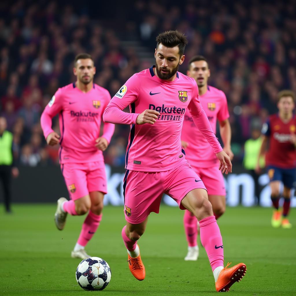 Barcelona players wearing the pink kit during a match