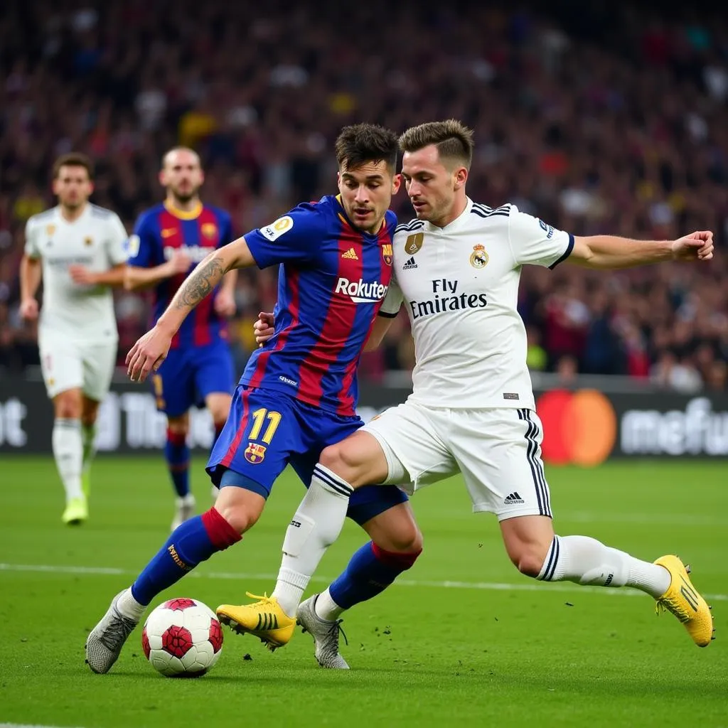 Barcelona and Real Madrid players battling for the ball during El Clasico 2023