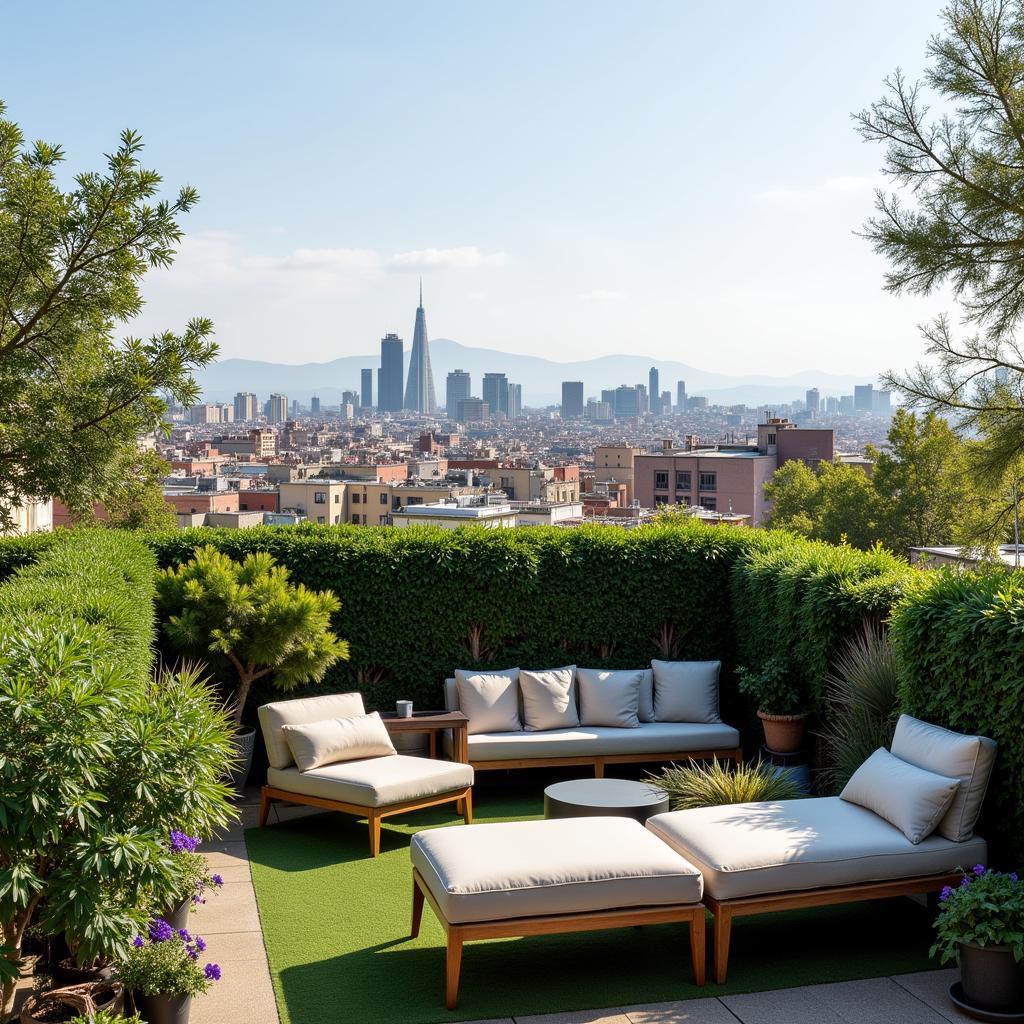 Serene rooftop garden overlooking Barcelona skyline