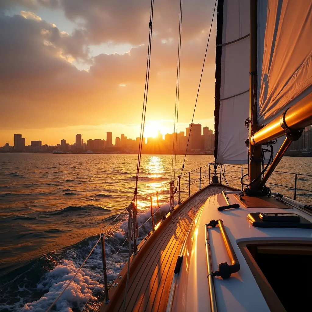 Sunset over Barcelona from a Sailboat