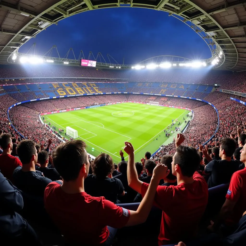 A passionate crowd at Camp Nou, creating an electrifying atmosphere.