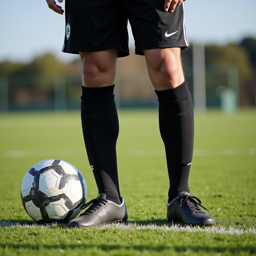 Soccer player wearing compression sleeves for blood circulation