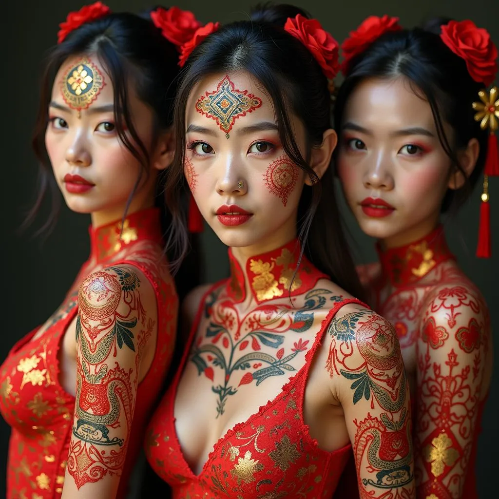 Hình ảnh body art cổ vũ bóng đá Việt Nam không che với họa tiết văn hóa dân tộc