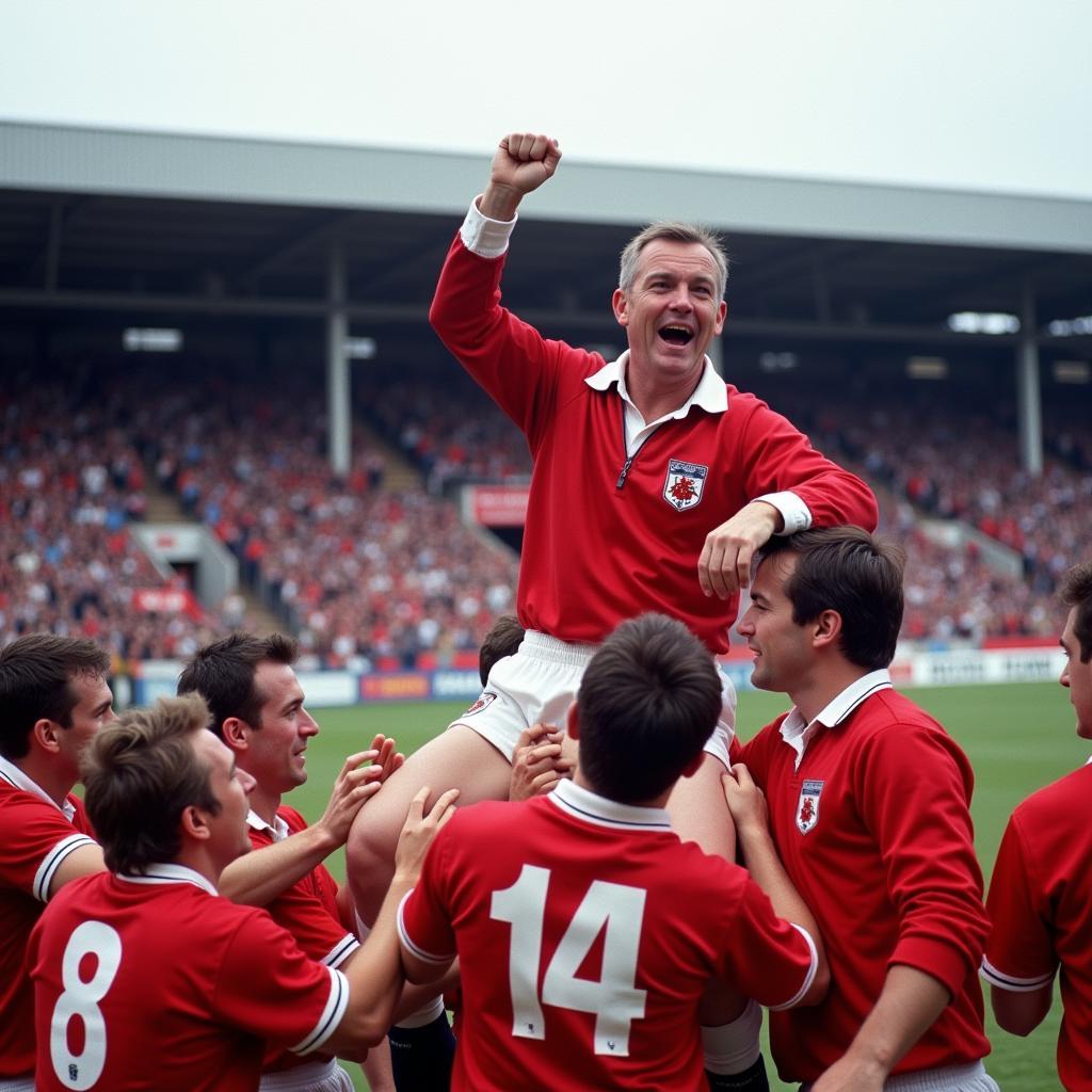 HLV Brian Clough ăn mừng cùng các học trò