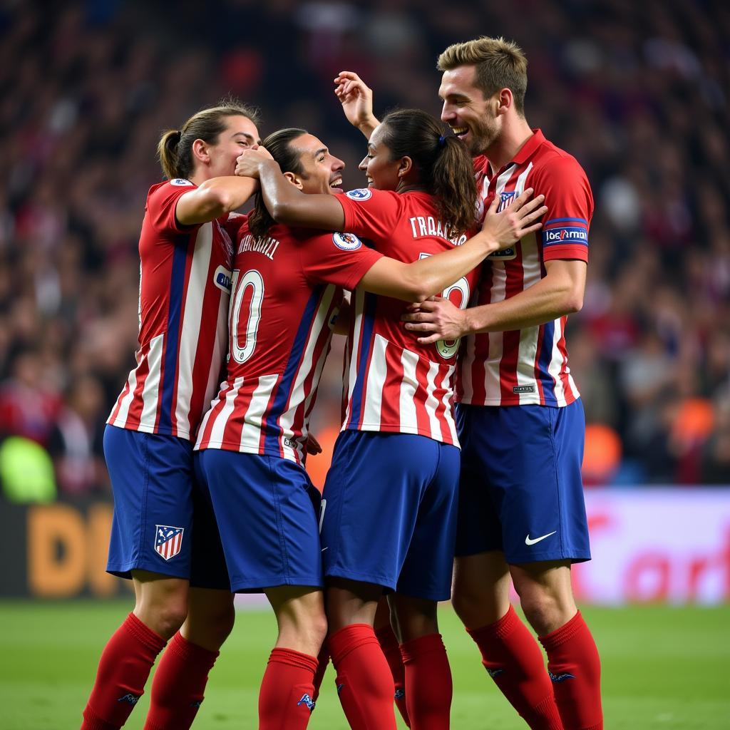 Cầu thủ Atletico Madrid ăn mừng bàn thắng