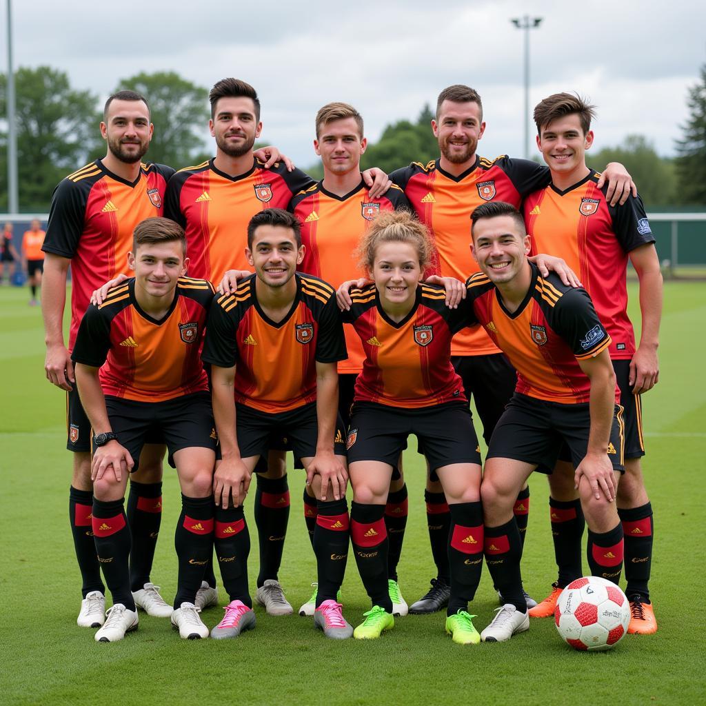 Amateur football team sporting their custom kits