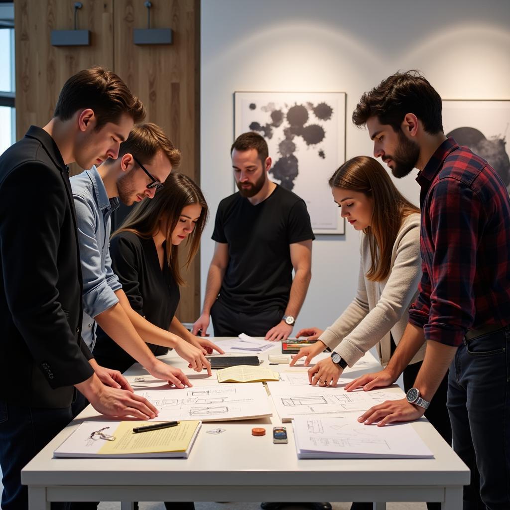 Equipo de profesionales diseñando un stand