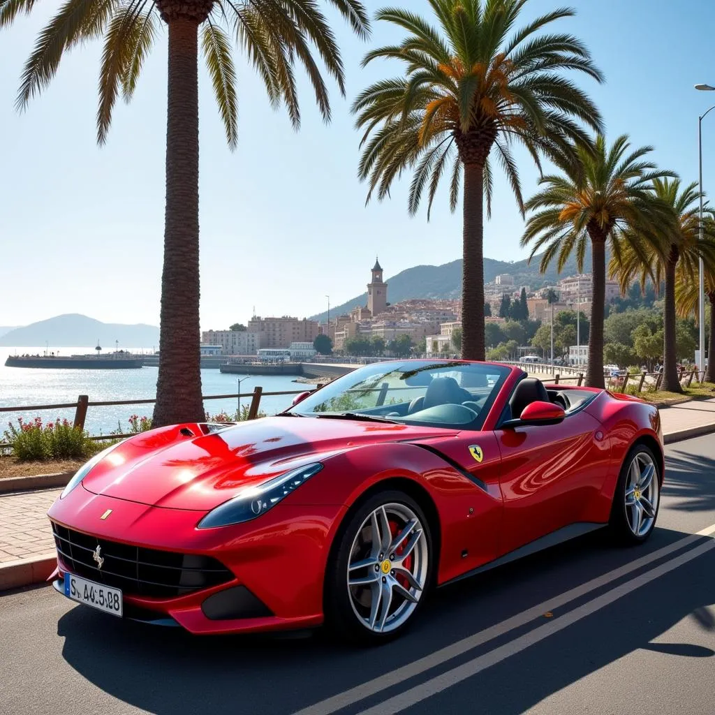 Red Ferrari rental parked near Barceloneta Beach in Barcelona