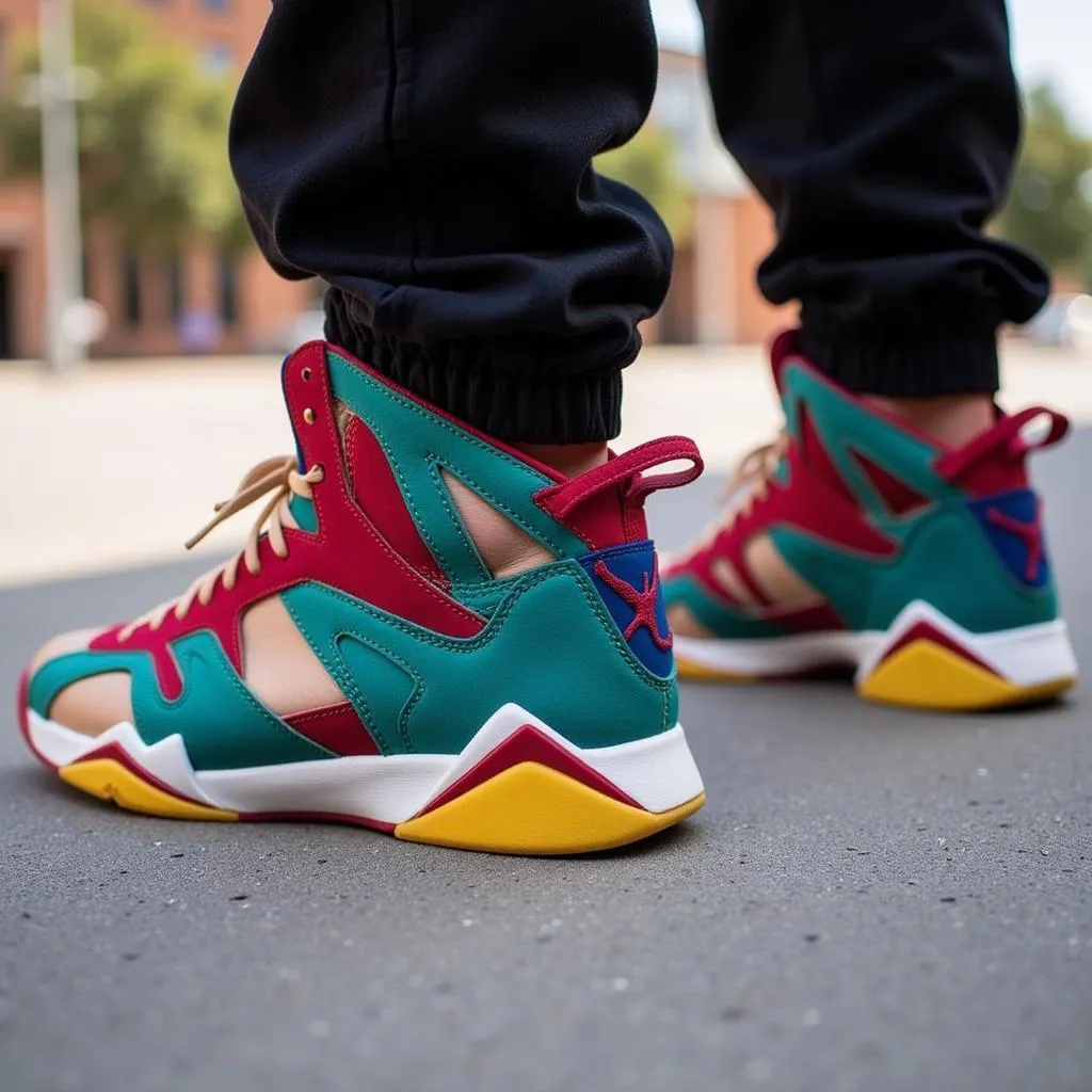 Jordan 7 Barcelona Day Sneaker on Foot Close Up