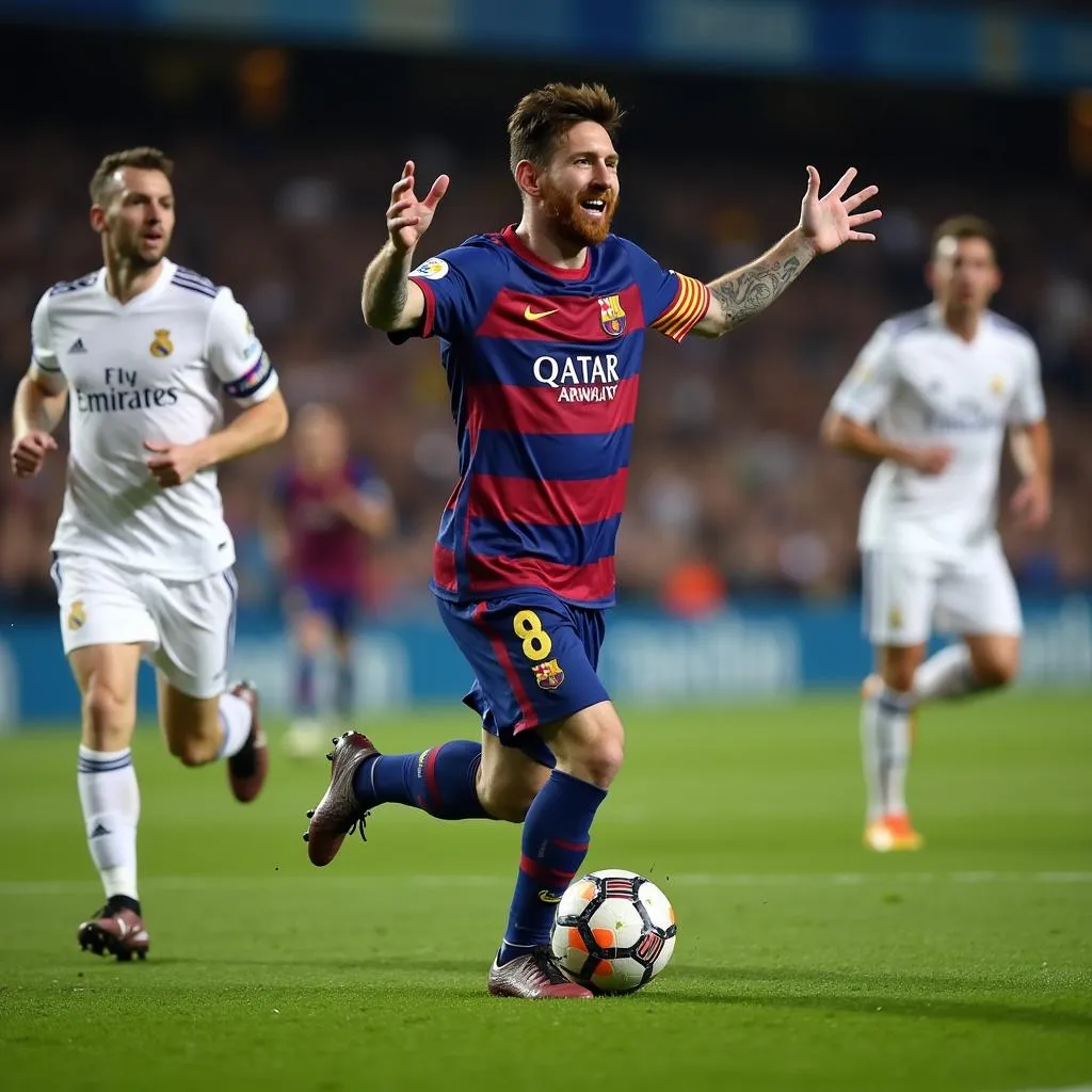 Lionel Messi celebrates scoring against Real Madrid