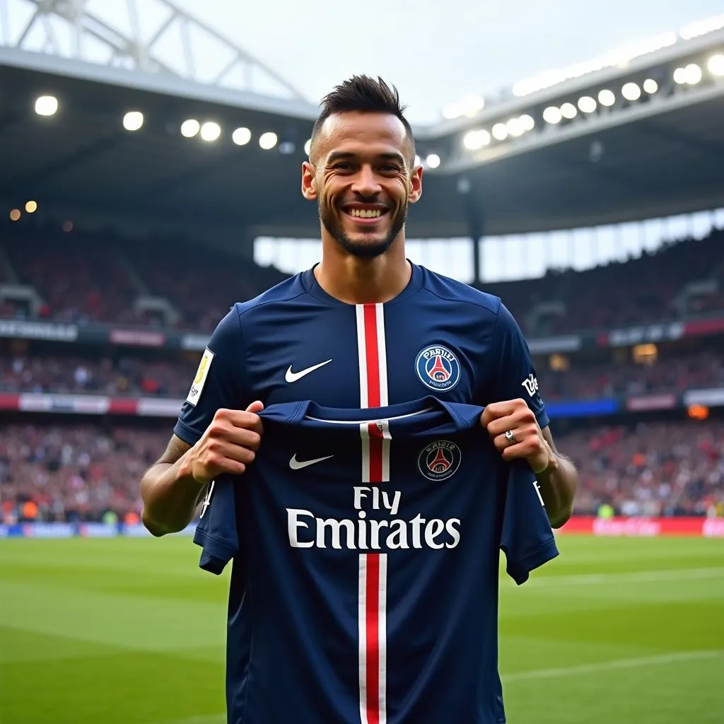 Neymar holding up a PSG jersey