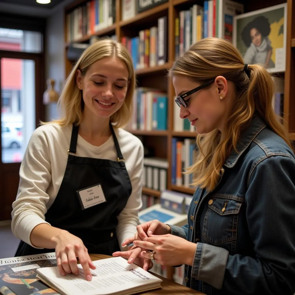 Nhân viên đang tư vấn khách hàng tại Libreria Musical Barcelona