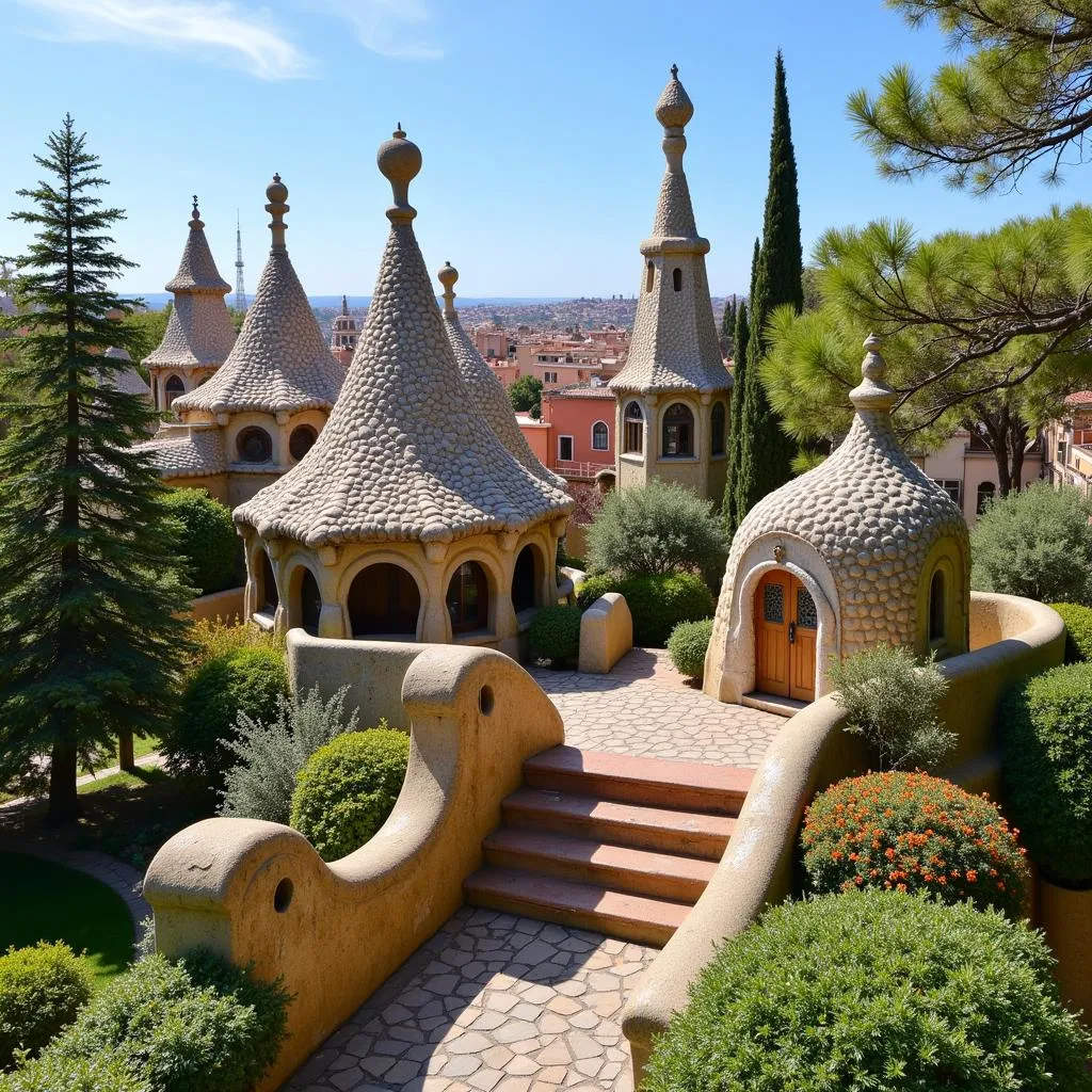 Parque Güell, un parque diseñado por Antoni Gaudí con formas extrañas y coloridas