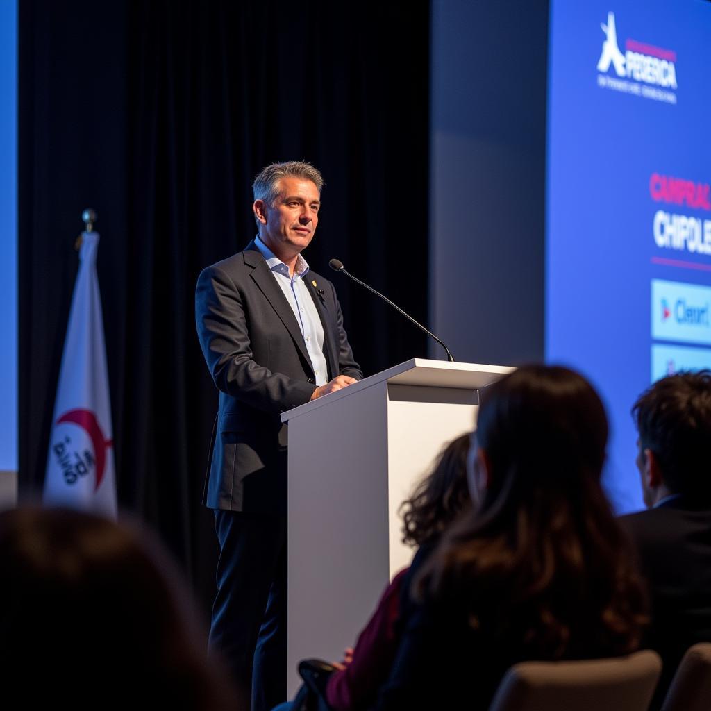 President of the Cambra de Comerç de Barcelona addressing a business forum