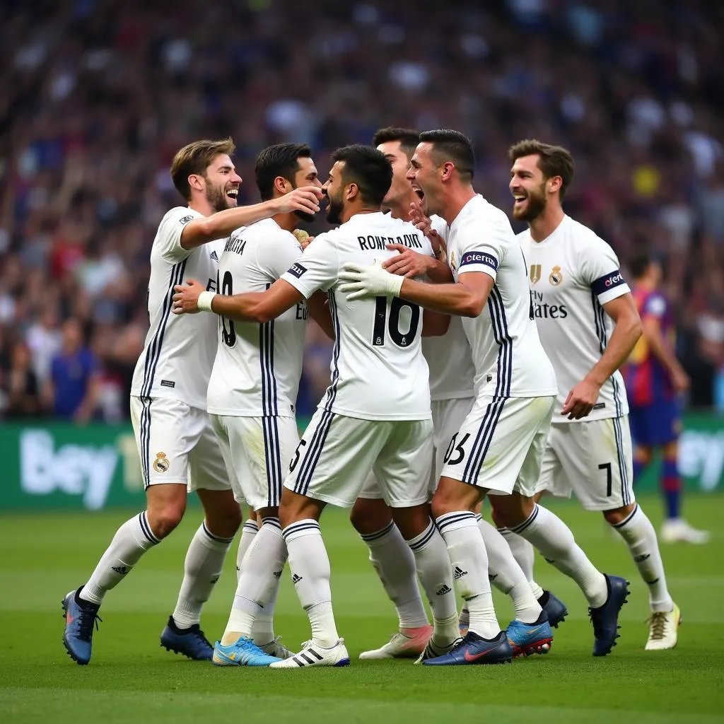 Real Madrid celebrates a goal against Barcelona