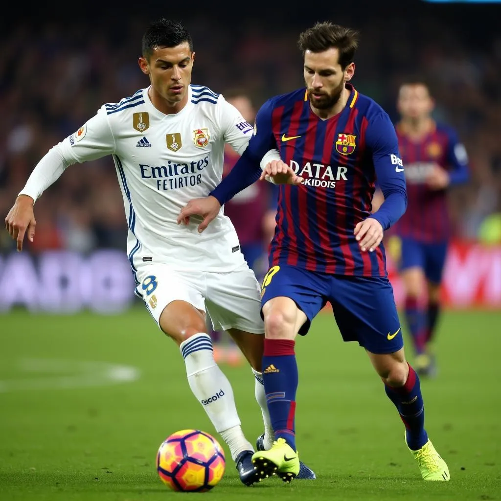 Cristiano Ronaldo và Lionel Messi tranh bóng